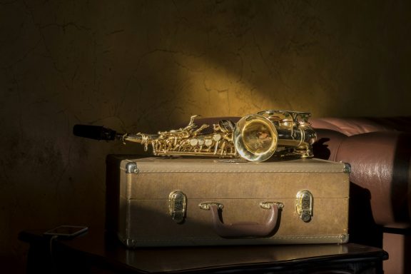 Saxophone lying on its case